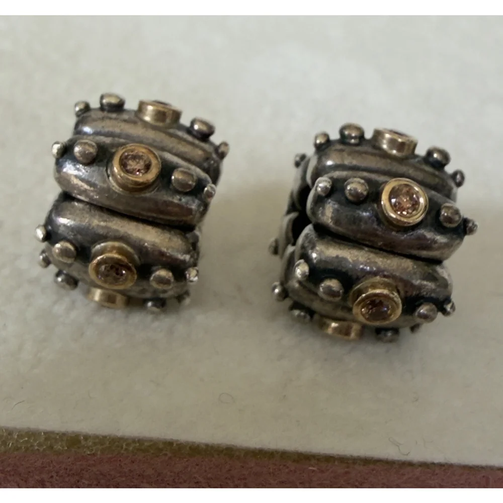 ONE Clip❗️Pandora Silver & 14k Gold Brown Fusion Clip Charm With CZ, 790853BCZ - Picture 3 of 7